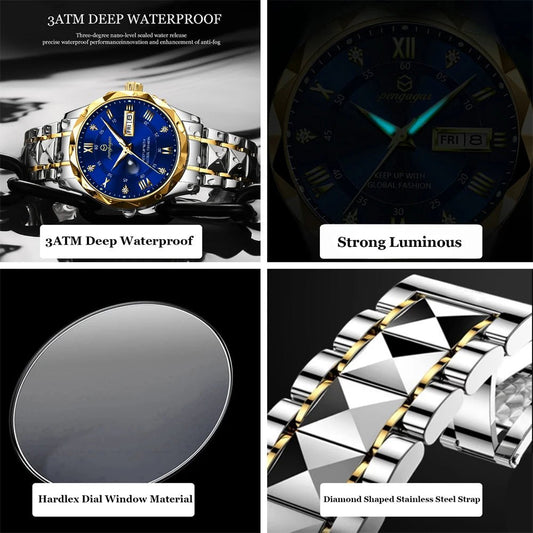 PENGAGAR Luxury Square Sport Man Wristwatch Waterproof Luminous Chronograph Quartz Men's Watches Stainless Steel Men Watch Reloj - CHINGUITY