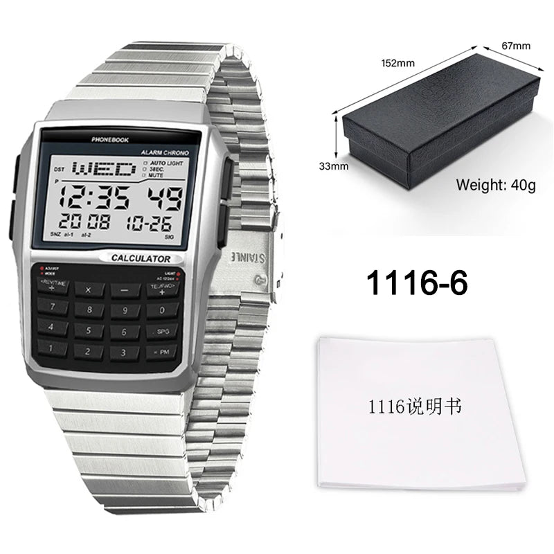 Men's Stainless Steel Band Watch Multifunction Calculator Watch LED Watch Computer Style Top Luxury Gift Box - CHINGUITY