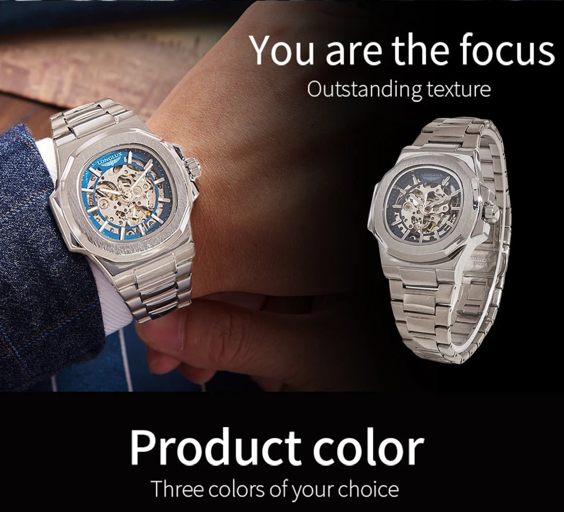 LONGLUX Men automatic mechanical watch luxury watches waterproof skeleton business cheap wholesale stainless steel gift watch - CHINGUITY