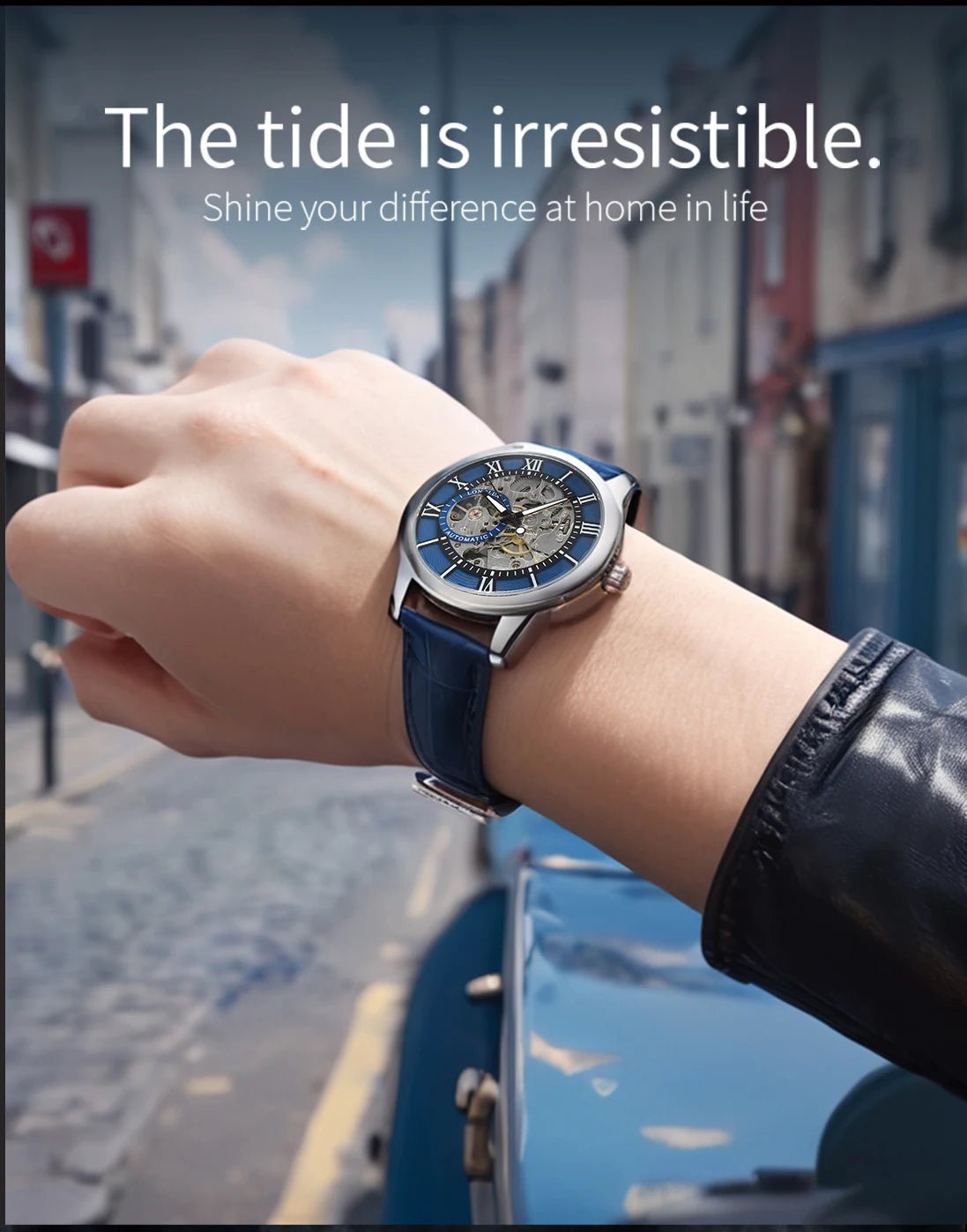 LONGLUX automatic watch rome wholesale mechanical wristwatches waterproof hollow leather mens watch men gift - CHINGUITY