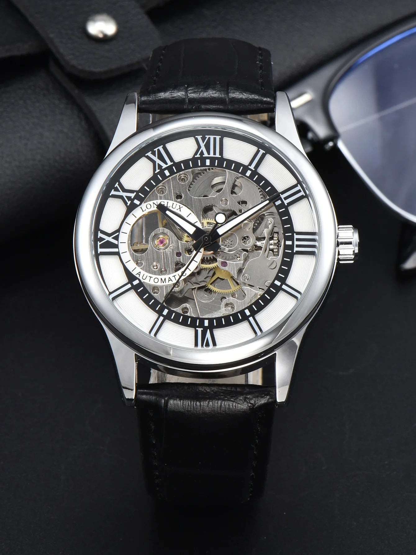 LONGLUX automatic watch rome wholesale mechanical wristwatches waterproof hollow leather mens watch men gift - CHINGUITY