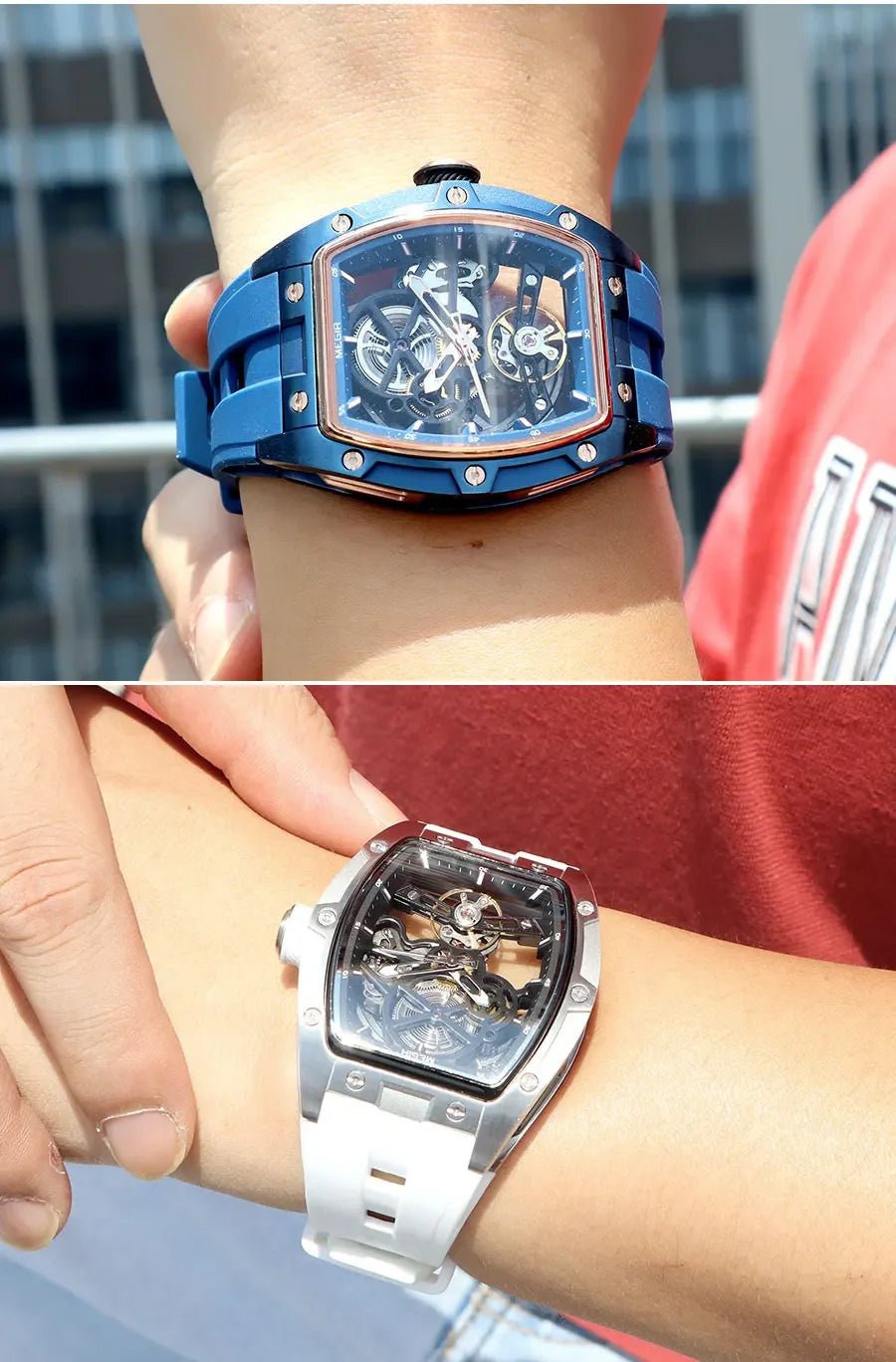 MEGIR Men's Automatic Mechanical Watch with Stainless Steel Case Silicone Band Skeleton Dial Waterproof Sport Wristwatch - CHINGUITY