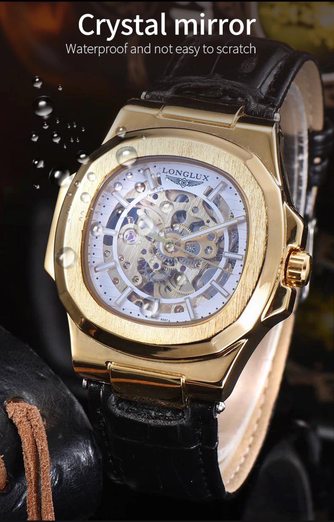 LONGLUX automatic mechanical watch outdoors simple luxury watches waterproof cheap wholesale skeleton leather mens watch gift - CHINGUITY