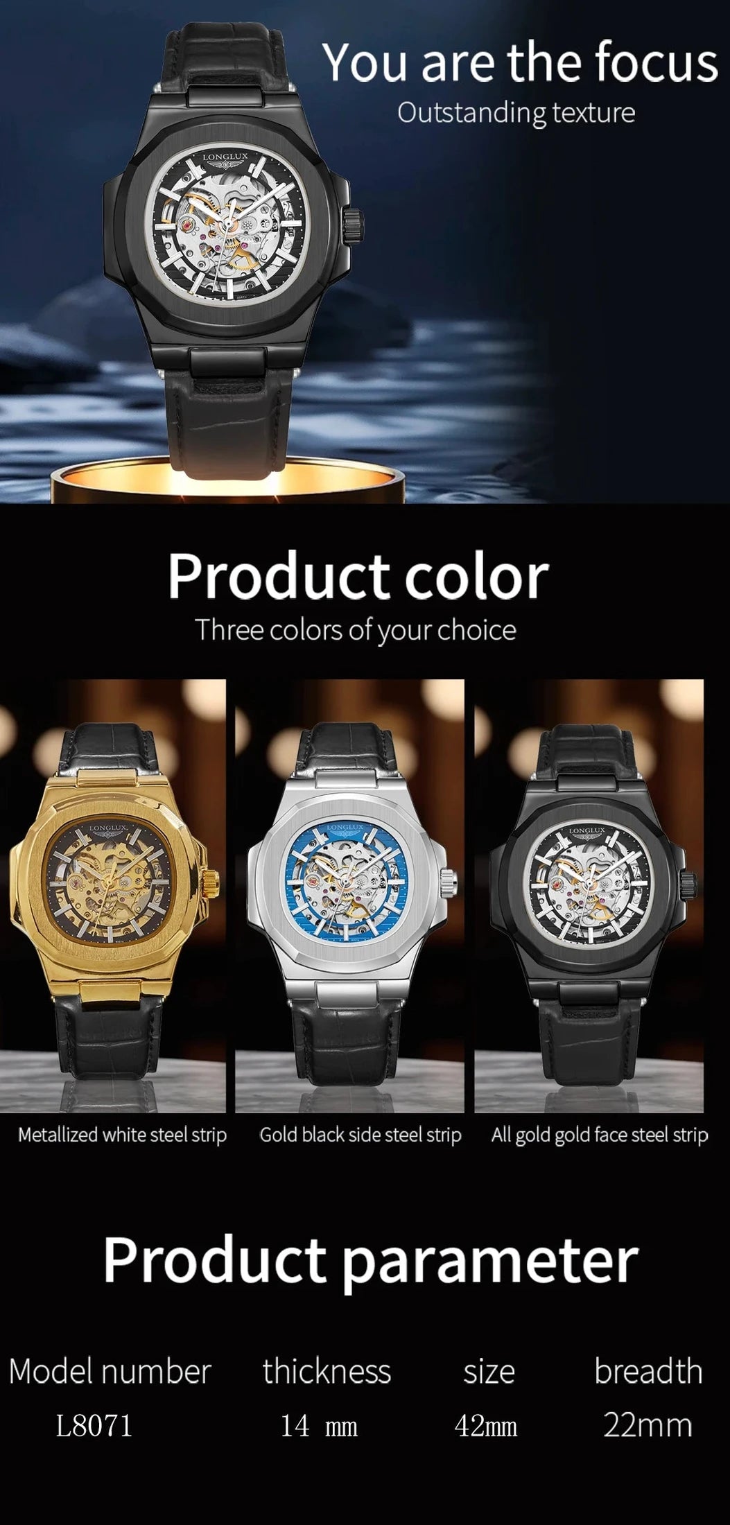 LONGLUX automatic mechanical watch outdoors simple luxury watches waterproof cheap wholesale skeleton leather mens watch gift - CHINGUITY