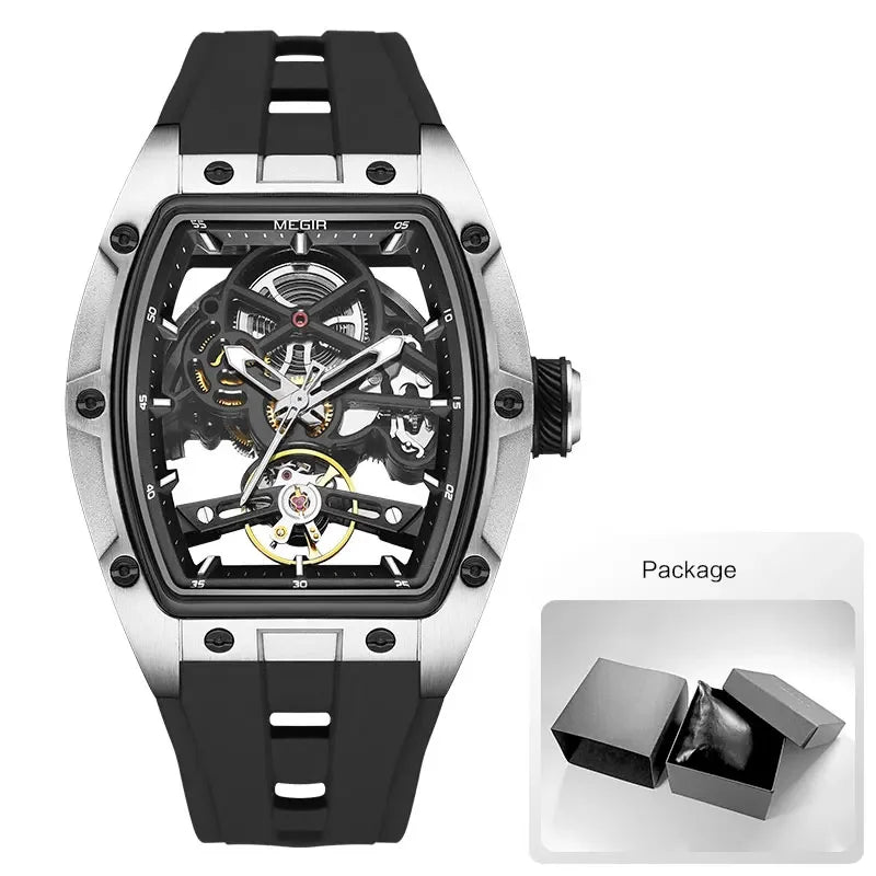 MEGIR Men's Automatic Mechanical Watch with Stainless Steel Case Silicone Band Skeleton Dial Waterproof Sport Wristwatch - CHINGUITY