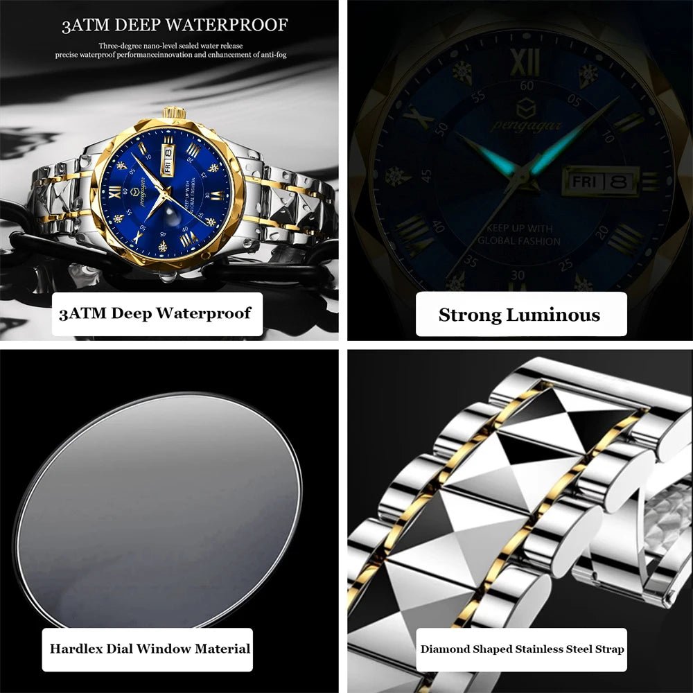 PENGAGAR Luxury Square Sport Man Wristwatch Waterproof Luminous Chronograph Quartz Men's Watches Stainless Steel Men Watch Reloj - CHINGUITY