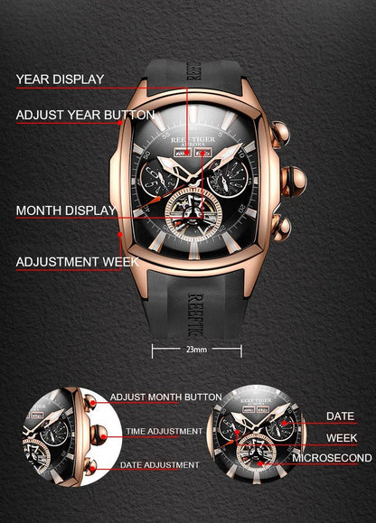 Reef Tiger 316L Stainless Steel Wine Barrel Automatic Watch Fashion Mulitfunction Tourbillon Mechanical Watches for Men RGA3069 - CHINGUITY