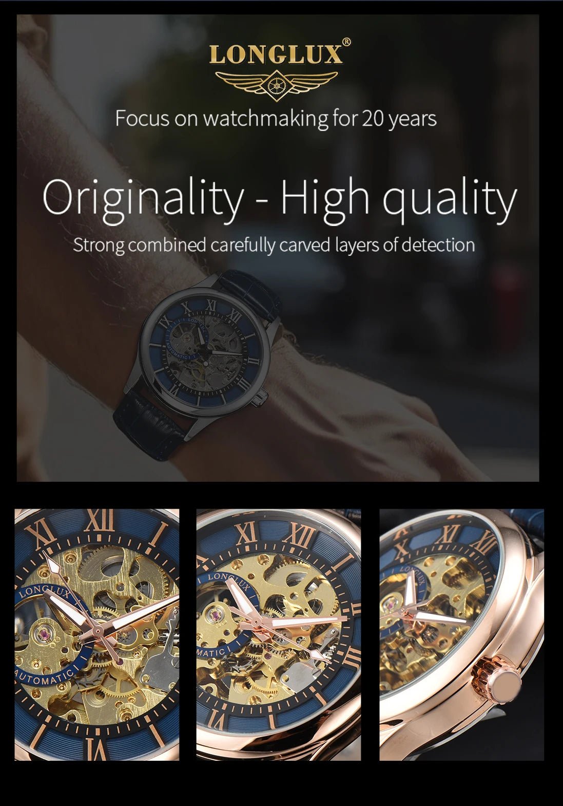 LONGLUX automatic watch rome wholesale mechanical wristwatches waterproof hollow leather mens watch men gift - CHINGUITY