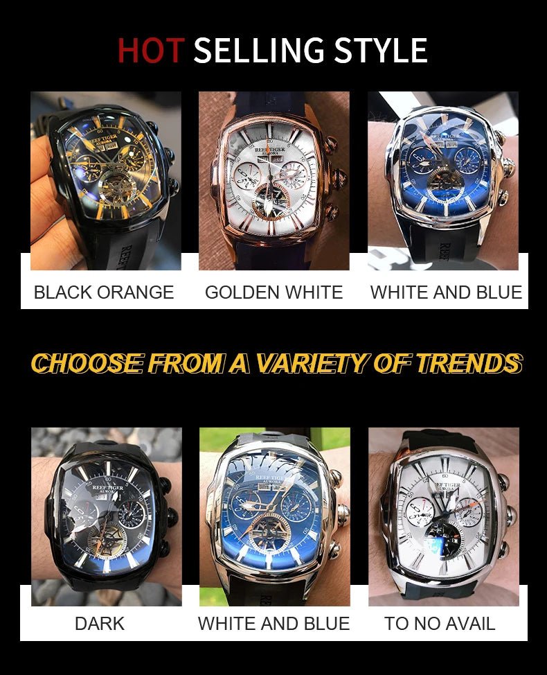 Reef Tiger 316L Stainless Steel Wine Barrel Automatic Watch Fashion Mulitfunction Tourbillon Mechanical Watches for Men RGA3069 - CHINGUITY
