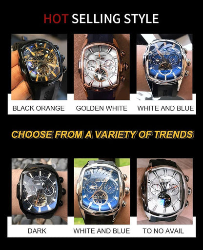 Reef Tiger 316L Stainless Steel Wine Barrel Automatic Watch Fashion Mulitfunction Tourbillon Mechanical Watches for Men RGA3069 - CHINGUITY