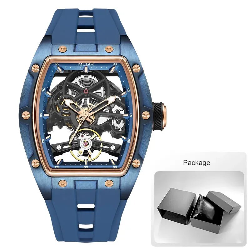MEGIR Men's Automatic Mechanical Watch with Stainless Steel Case Silicone Band Skeleton Dial Waterproof Sport Wristwatch - CHINGUITY