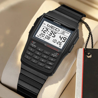 Men's Stainless Steel Band Watch Multifunction Calculator Watch LED Watch Computer Style Top Luxury Gift Box - CHINGUITY
