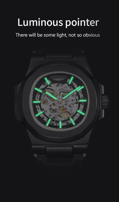 LONGLUX automatic mechanical watch outdoors simple luxury watches waterproof cheap wholesale skeleton leather mens watch gift - CHINGUITY