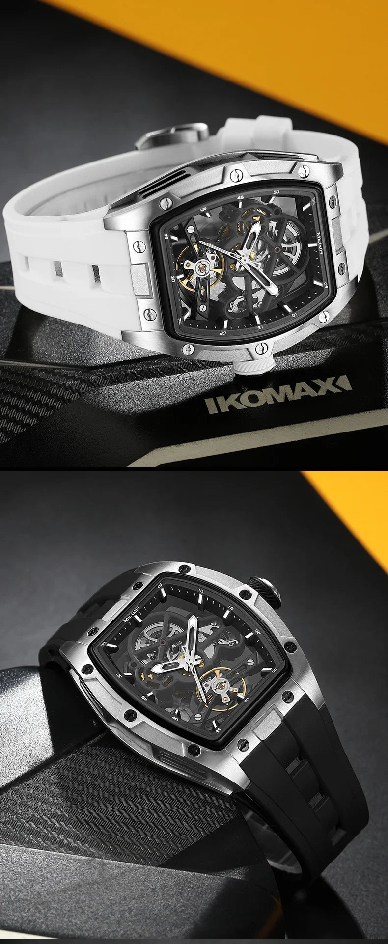 MEGIR Men's Automatic Mechanical Watch with Stainless Steel Case Silicone Band Skeleton Dial Waterproof Sport Wristwatch - CHINGUITY