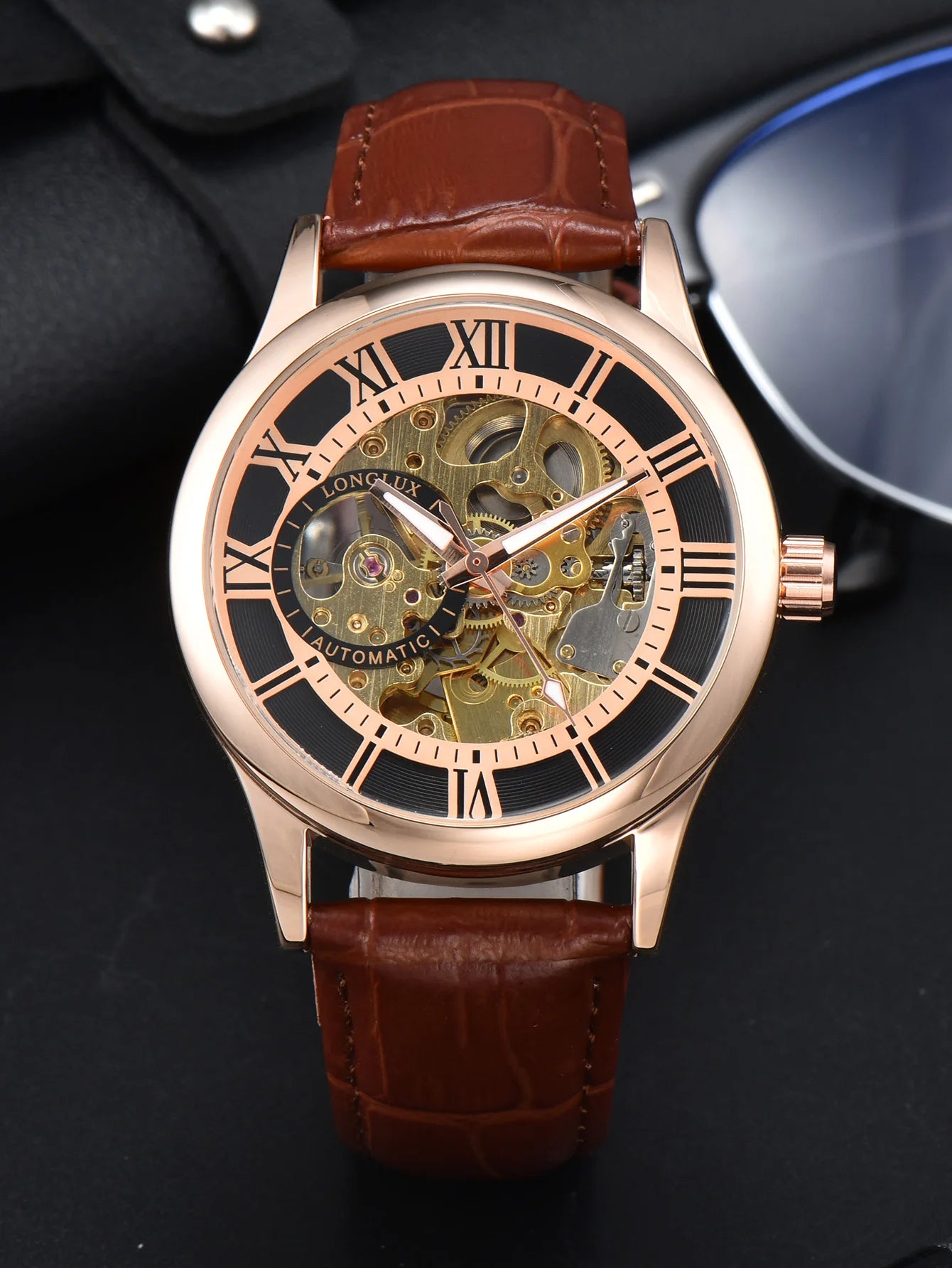 LONGLUX automatic watch rome wholesale mechanical wristwatches waterproof hollow leather mens watch men gift - CHINGUITY