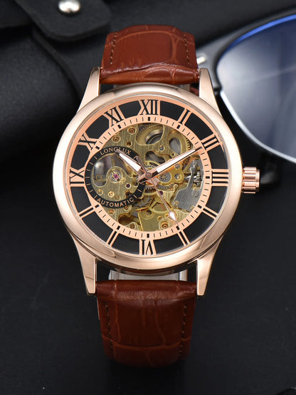 LONGLUX automatic watch rome wholesale mechanical wristwatches waterproof hollow leather mens watch men gift - CHINGUITY