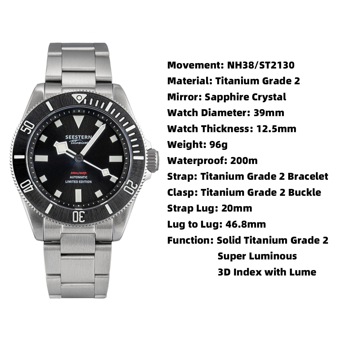 SEESTERN Titanium Diver Watch for Men Automatic Mechanical Wristwatch NH38 Movement Sapphire Glass 20ATM Waterproof Luminous New - CHINGUITY