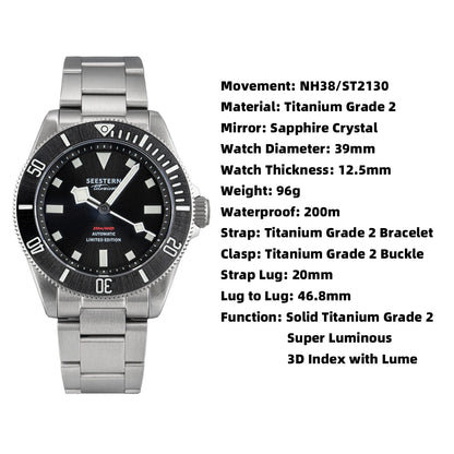 SEESTERN Titanium Diver Watch for Men Automatic Mechanical Wristwatch NH38 Movement Sapphire Glass 20ATM Waterproof Luminous New - CHINGUITY