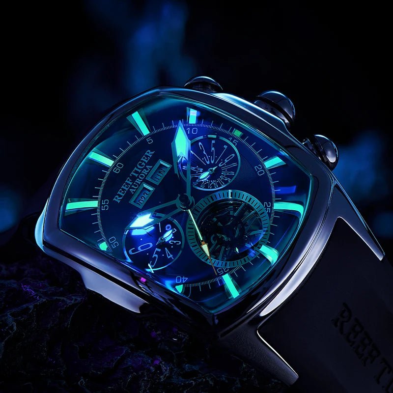 Reef Tiger 316L Stainless Steel Wine Barrel Automatic Watch Fashion Mulitfunction Tourbillon Mechanical Watches for Men RGA3069 - CHINGUITY