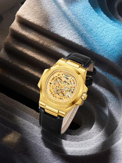 LONGLUX automatic mechanical watch outdoors simple luxury watches waterproof cheap wholesale skeleton leather mens watch gift - CHINGUITY