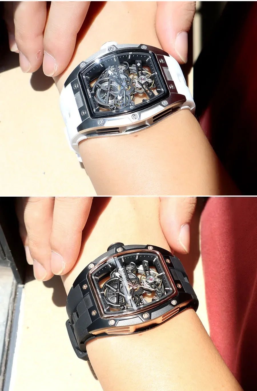 MEGIR Men's Automatic Mechanical Watch with Stainless Steel Case Silicone Band Skeleton Dial Waterproof Sport Wristwatch - CHINGUITY