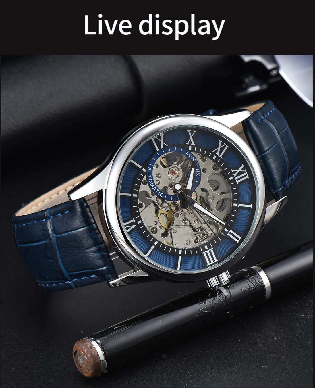 LONGLUX automatic watch rome wholesale mechanical wristwatches waterproof hollow leather mens watch men gift - CHINGUITY