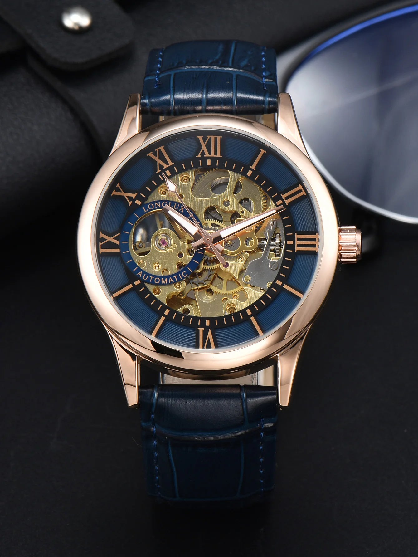 LONGLUX automatic watch rome wholesale mechanical wristwatches waterproof hollow leather mens watch men gift - CHINGUITY