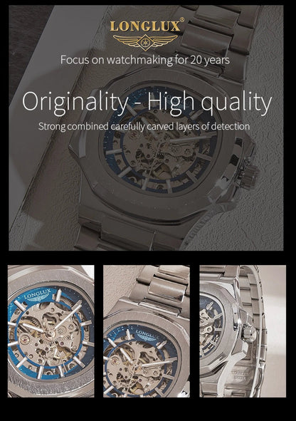 LONGLUX Men automatic mechanical watch luxury watches waterproof skeleton business cheap wholesale stainless steel gift watch - CHINGUITY
