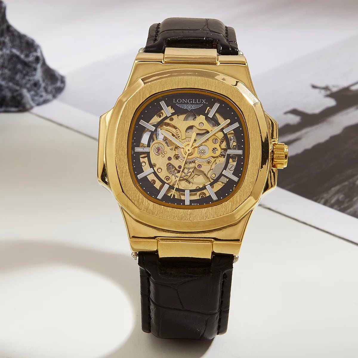 LONGLUX automatic mechanical watch outdoors simple luxury watches waterproof cheap wholesale skeleton leather mens watch gift - CHINGUITY