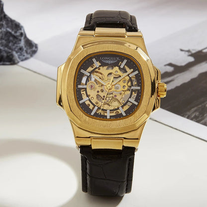 LONGLUX automatic mechanical watch outdoors simple luxury watches waterproof cheap wholesale skeleton leather mens watch gift - CHINGUITY