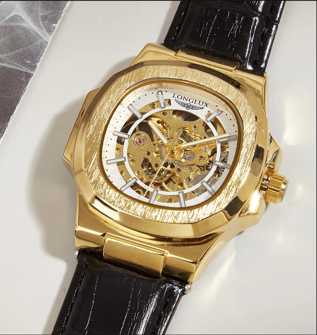 LONGLUX automatic mechanical watch outdoors simple luxury watches waterproof cheap wholesale skeleton leather mens watch gift - CHINGUITY