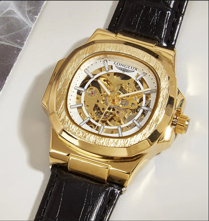 LONGLUX automatic mechanical watch outdoors simple luxury watches waterproof cheap wholesale skeleton leather mens watch gift - CHINGUITY