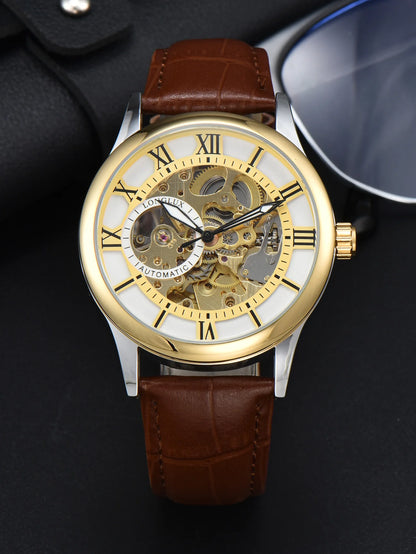 LONGLUX automatic watch rome wholesale mechanical wristwatches waterproof hollow leather mens watch men gift - CHINGUITY