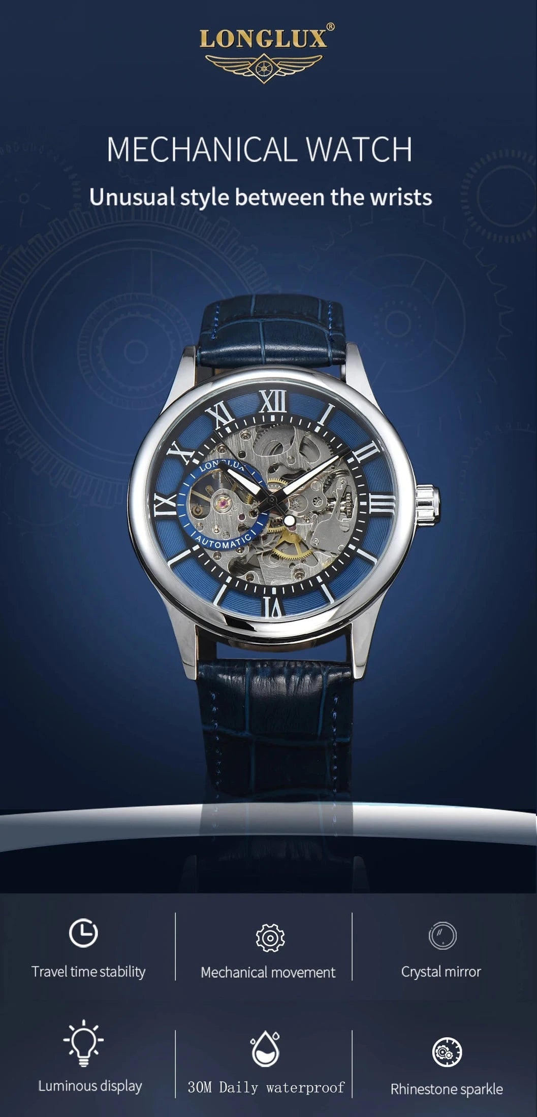 LONGLUX automatic watch rome wholesale mechanical wristwatches waterproof hollow leather mens watch men gift - CHINGUITY