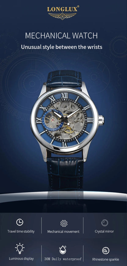 LONGLUX automatic watch rome wholesale mechanical wristwatches waterproof hollow leather mens watch men gift - CHINGUITY