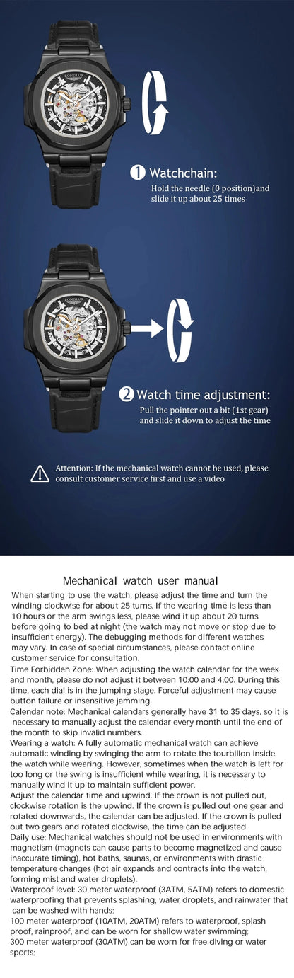 LONGLUX automatic mechanical watch outdoors simple luxury watches waterproof cheap wholesale skeleton leather mens watch gift - CHINGUITY