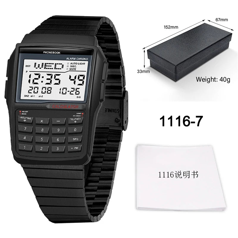 Men's Stainless Steel Band Watch Multifunction Calculator Watch LED Watch Computer Style Top Luxury Gift Box - CHINGUITY