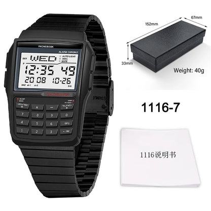 Men's Stainless Steel Band Watch Multifunction Calculator Watch LED Watch Computer Style Top Luxury Gift Box - CHINGUITY