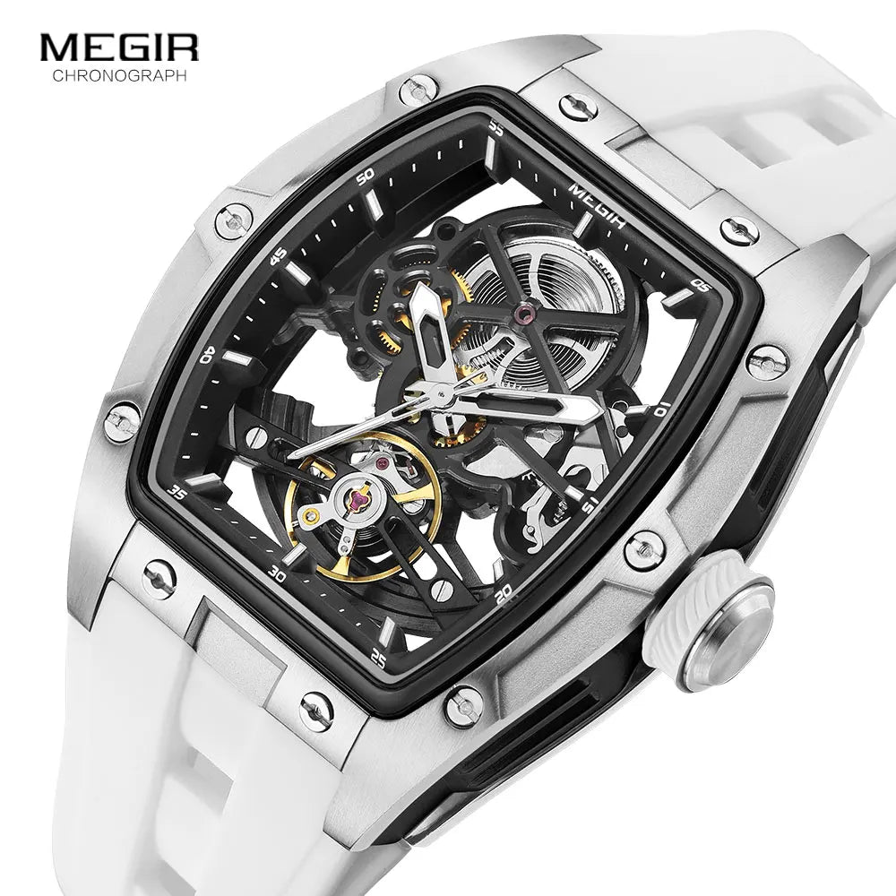 MEGIR Men's Automatic Mechanical Watch with Stainless Steel Case Silicone Band Skeleton Dial Waterproof Sport Wristwatch - CHINGUITY