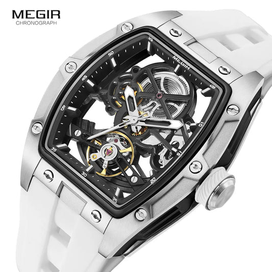 MEGIR Men's Automatic Mechanical Watch with Stainless Steel Case Silicone Band Skeleton Dial Waterproof Sport Wristwatch - CHINGUITY