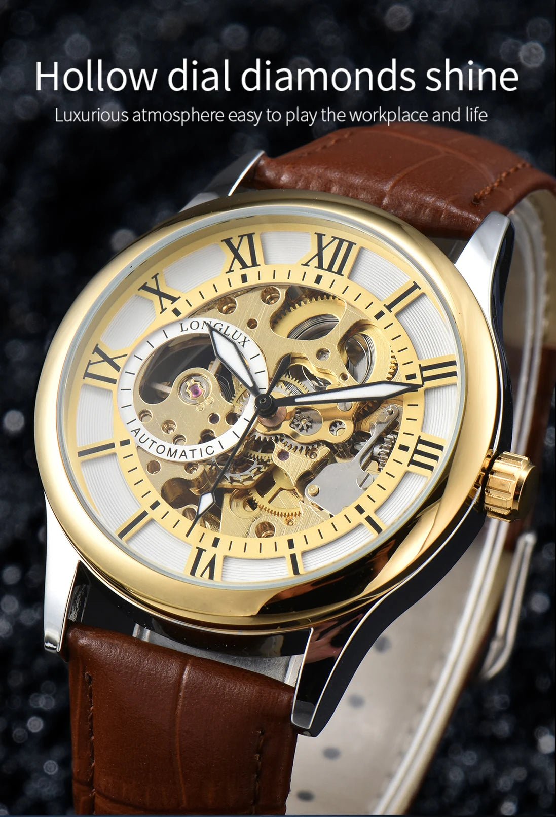 LONGLUX automatic watch rome wholesale mechanical wristwatches waterproof hollow leather mens watch men gift - CHINGUITY