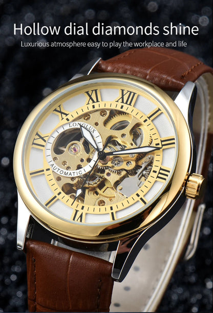 LONGLUX automatic watch rome wholesale mechanical wristwatches waterproof hollow leather mens watch men gift - CHINGUITY