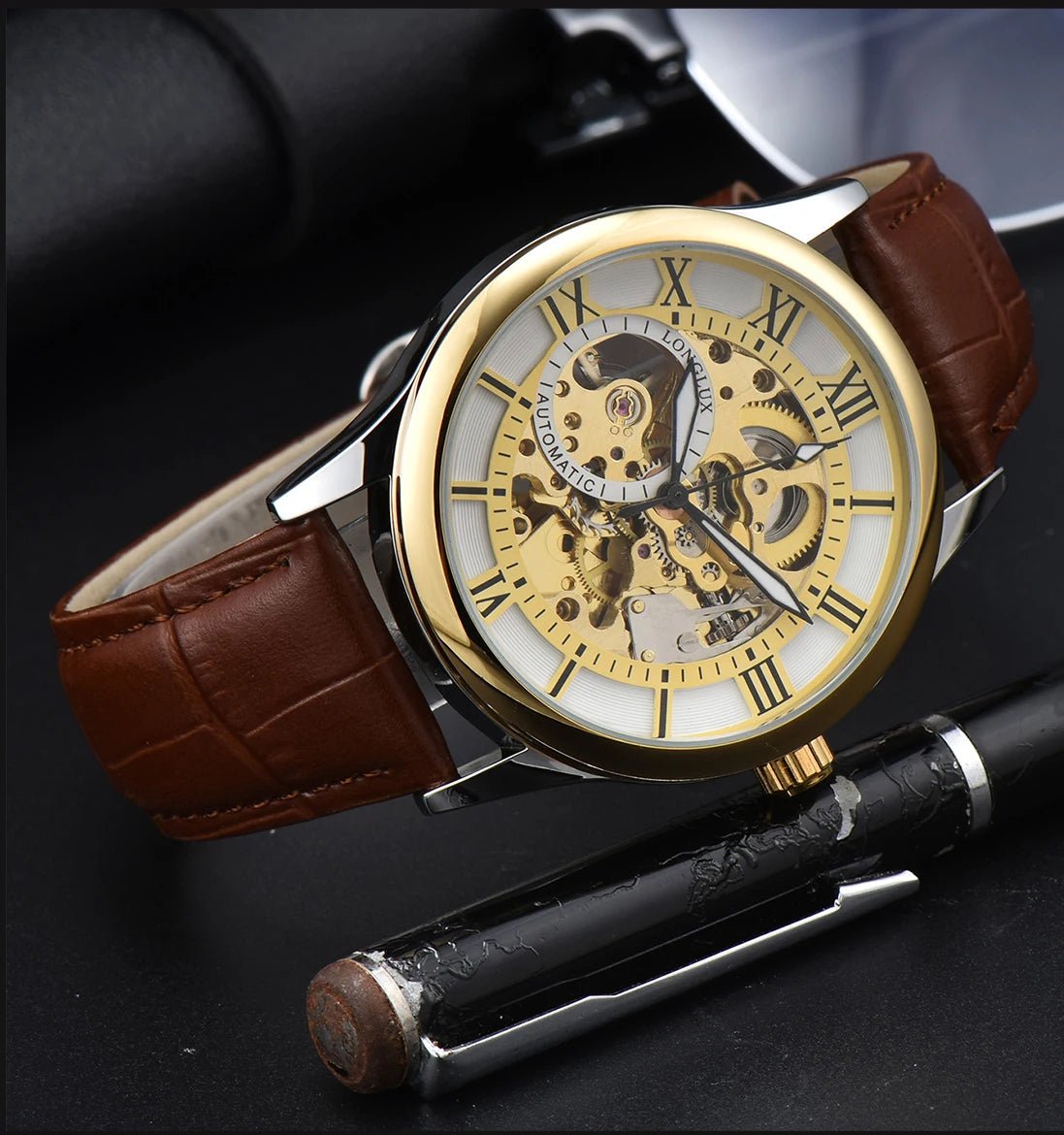 LONGLUX automatic watch rome wholesale mechanical wristwatches waterproof hollow leather mens watch men gift - CHINGUITY