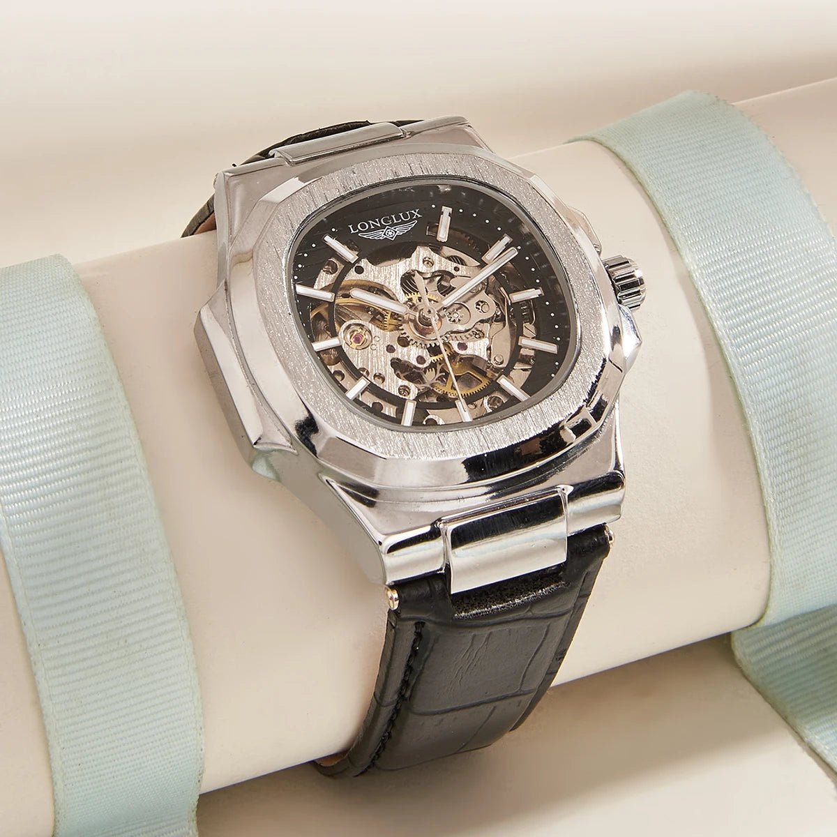 LONGLUX automatic mechanical watch outdoors simple luxury watches waterproof cheap wholesale skeleton leather mens watch gift - CHINGUITY