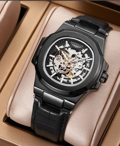 LONGLUX automatic mechanical watch outdoors simple luxury watches waterproof cheap wholesale skeleton leather mens watch gift - CHINGUITY