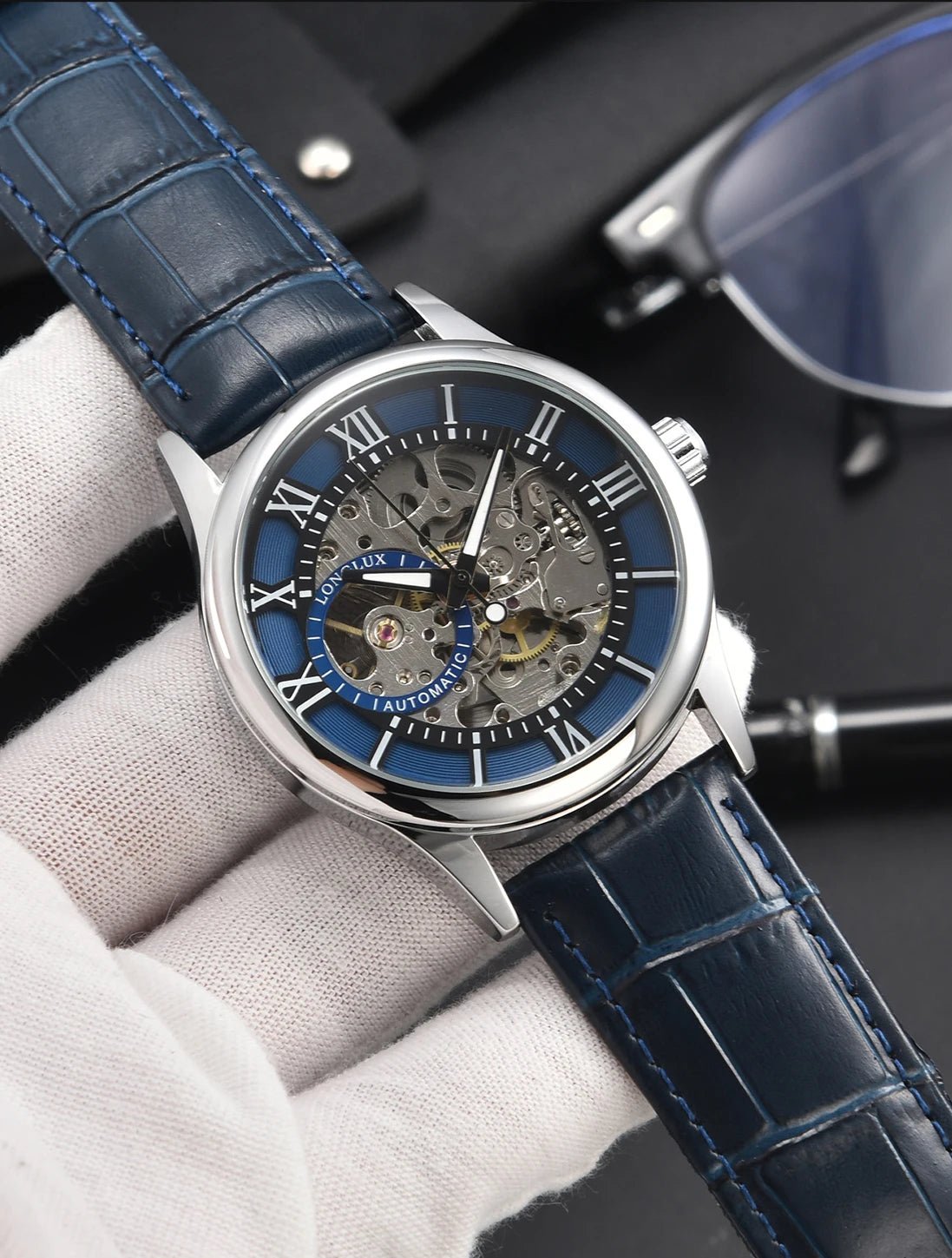 LONGLUX automatic watch rome wholesale mechanical wristwatches waterproof hollow leather mens watch men gift - CHINGUITY