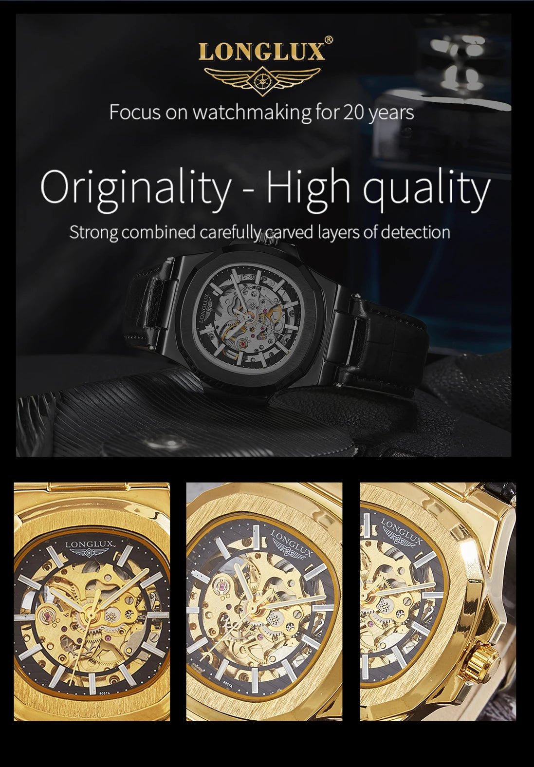 LONGLUX automatic mechanical watch outdoors simple luxury watches waterproof cheap wholesale skeleton leather mens watch gift - CHINGUITY