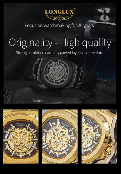 LONGLUX automatic mechanical watch outdoors simple luxury watches waterproof cheap wholesale skeleton leather mens watch gift - CHINGUITY