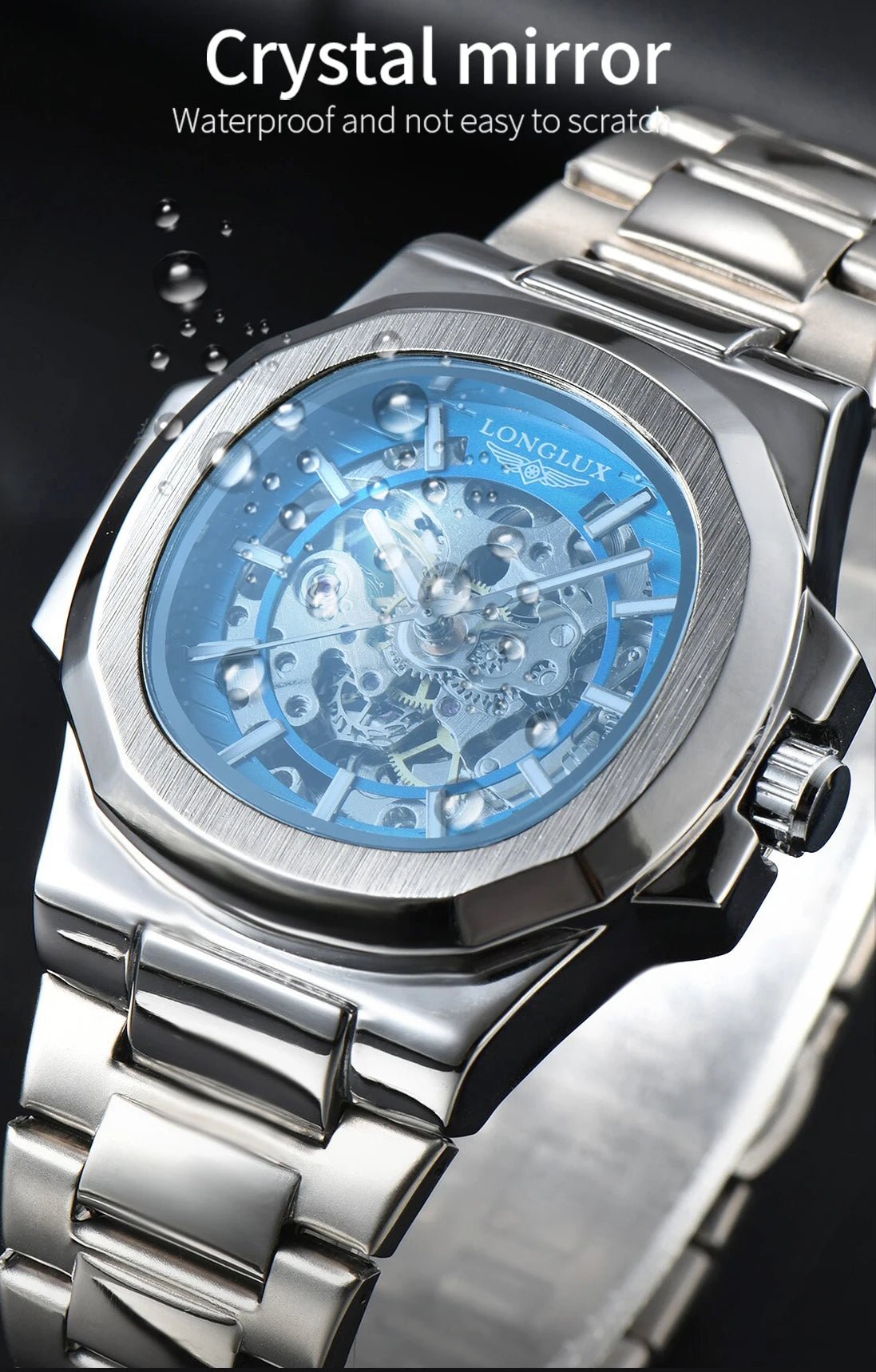 LONGLUX Men automatic mechanical watch luxury watches waterproof skeleton business cheap wholesale stainless steel gift watch - CHINGUITY