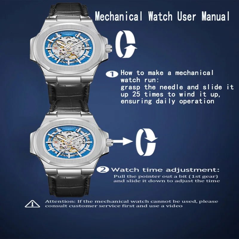 LONGLUX automatic mechanical watch outdoors simple luxury watches waterproof cheap wholesale skeleton leather mens watch gift - CHINGUITY